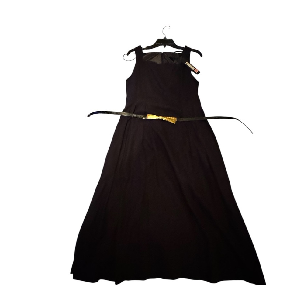 Donna Karan Black  linen Midi Dress with Gold Bow belt - Picture 5 of 10